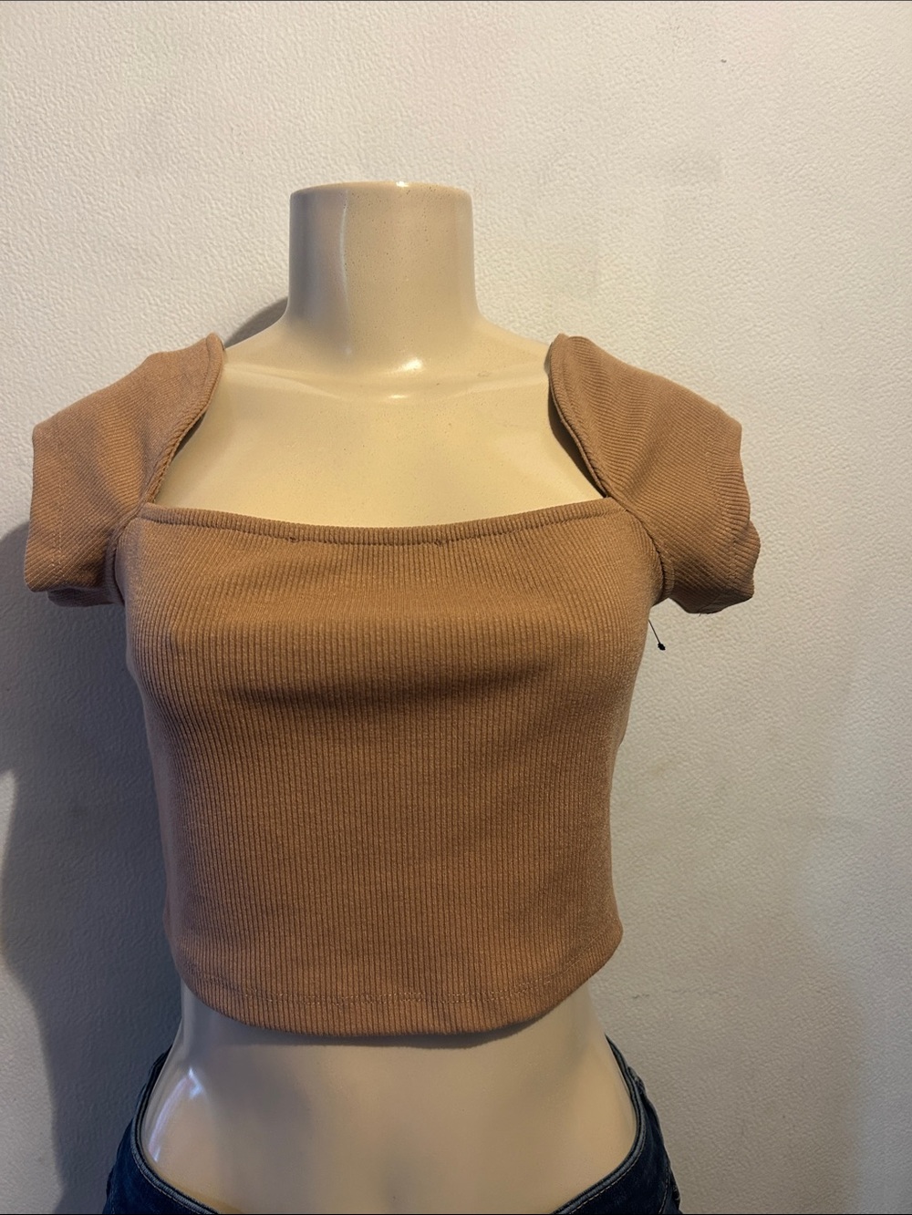 Square-Neck Ribbed Crop Top in Tan